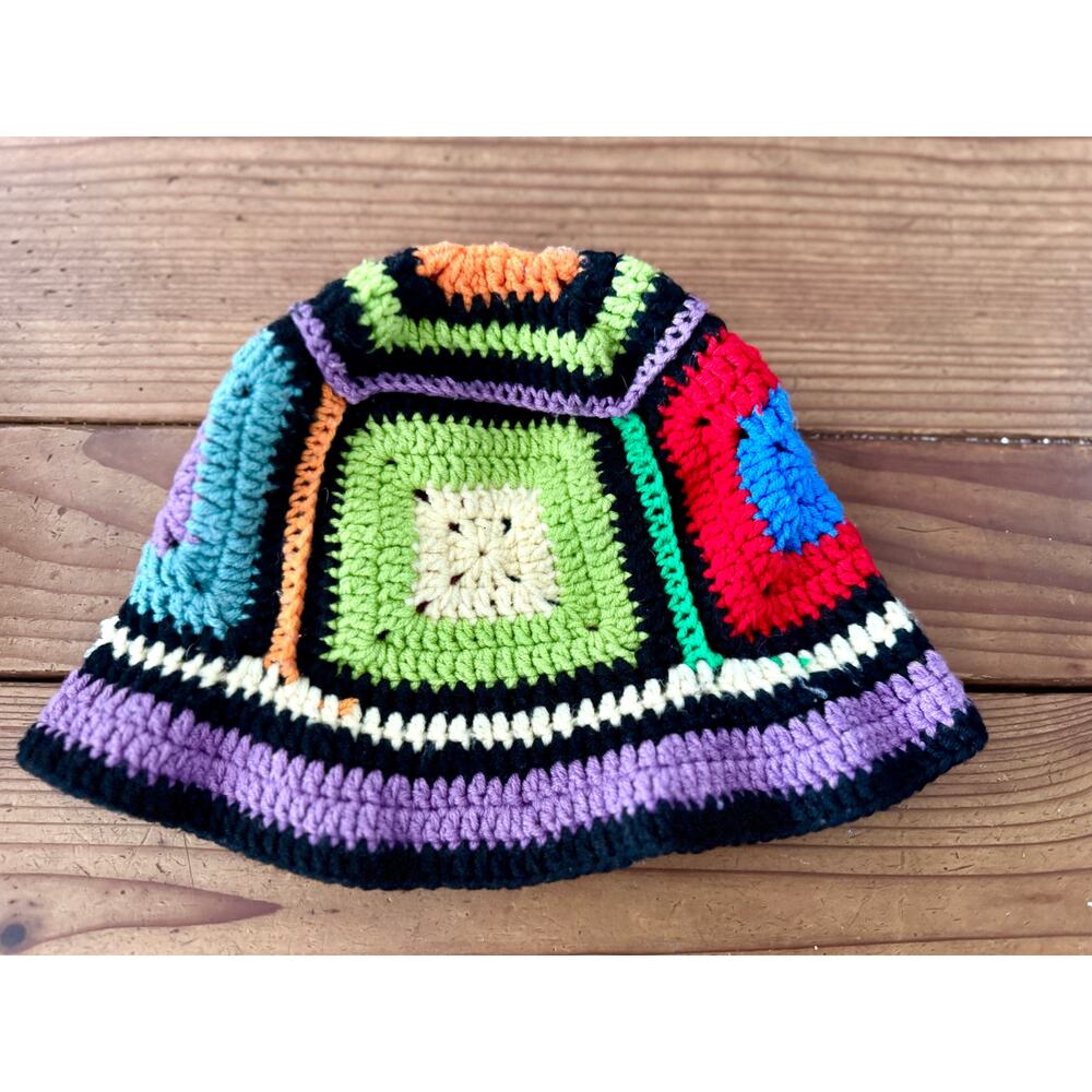 Handmade Crochet Granny Square Bucket Hat Multicolor Boho Patchwork Knit Cap